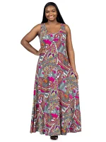 Plus Pink Paisley Print Scoop Neck A Line Sleeveless Maxi Dress