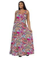 Plus Pink Paisley Print Scoop Neck A Line Sleeveless Maxi Dress