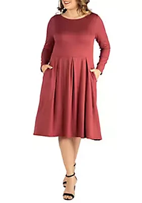 24seven Comfort Apparel Plus Long Sleeve Fit and Flare Midi Dress