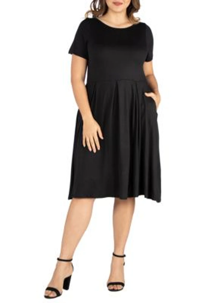 Plus Short Sleeve Midi Skater Dress with Pockets