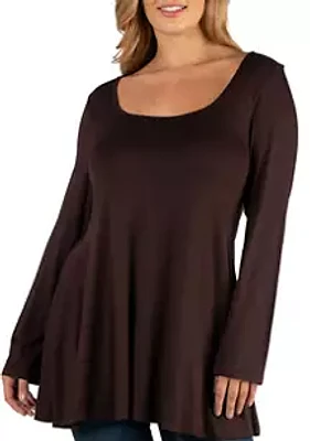 24seven Comfort Apparel Plus Long Sleeve Solid Color Swing Style Flared Tunic Top