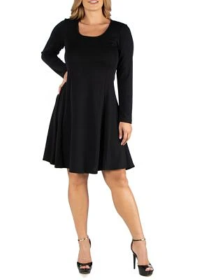 Plus Simple Long Sleeve Knee Length Flared Dress