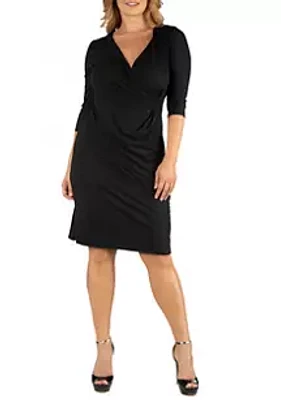 24seven Comfort Apparel  Plus 3/4 Sleeve Knee Length Wrap Dress