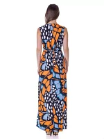 Womens Orange Butterfly Print V Neck Tie Back Empire Waist Sleeveless Maxi Dress