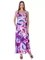 Womens Casual Purple Floral Scoop Neck Sleeveless Maxi Dress With Pockets