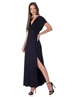 Womens Flutter Sleeve Metallic Knit Maxi Dress Front Slit Empire Waist