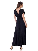 Womens Flutter Sleeve Metallic Knit Maxi Dress Front Slit Empire Waist