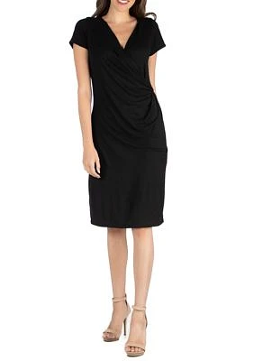 Womens Short Sleeve Knee Length Faux Wrap Dress