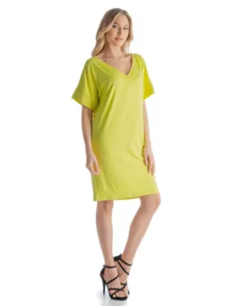 Solid Color Loose Fit V Neck T Shirt Style Womens Knee Length Dress