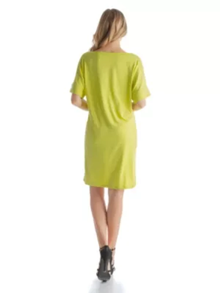 Solid Color Loose Fit V Neck T Shirt Style Womens Knee Length Dress