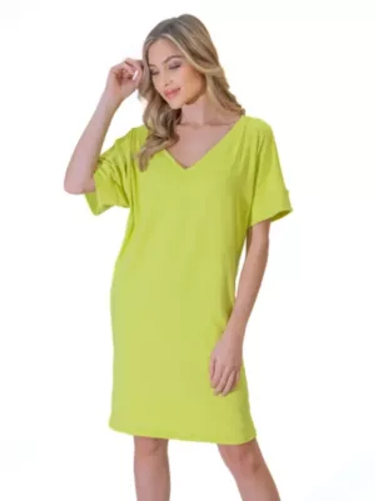 Solid Color Loose Fit V Neck T Shirt Style Womens Knee Length Dress