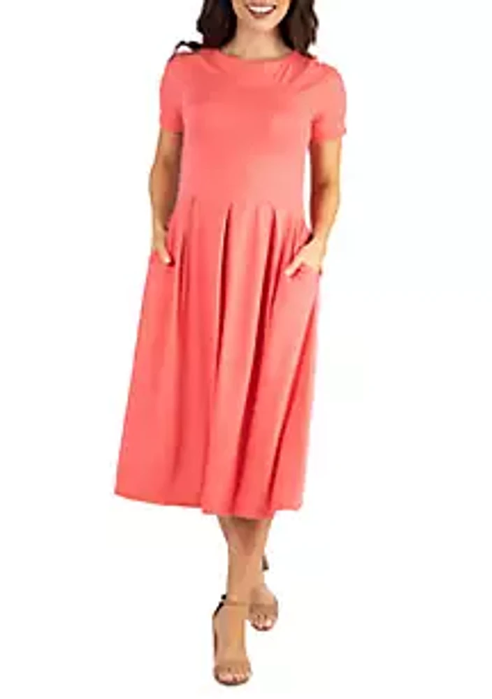 24seven Comfort Apparel Short Sleeve Midi Skater Dress With Pockets