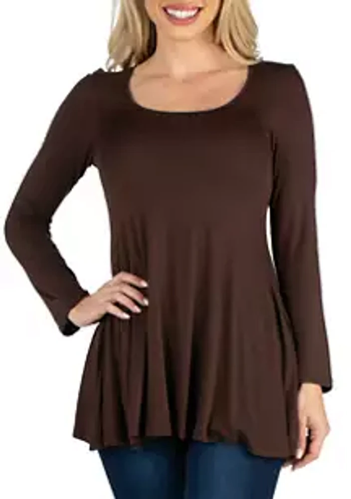 24seven Comfort Apparel Women's Long Sleeve Solid Color Swing Style Flared Tunic Top