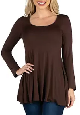 24seven Comfort Apparel Women's Long Sleeve Solid Color Swing Style Flared Tunic Top