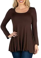 24seven Comfort Apparel Women's Long Sleeve Solid Color Swing Style Flared Tunic Top