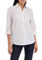 Petite Striped Button Front Top