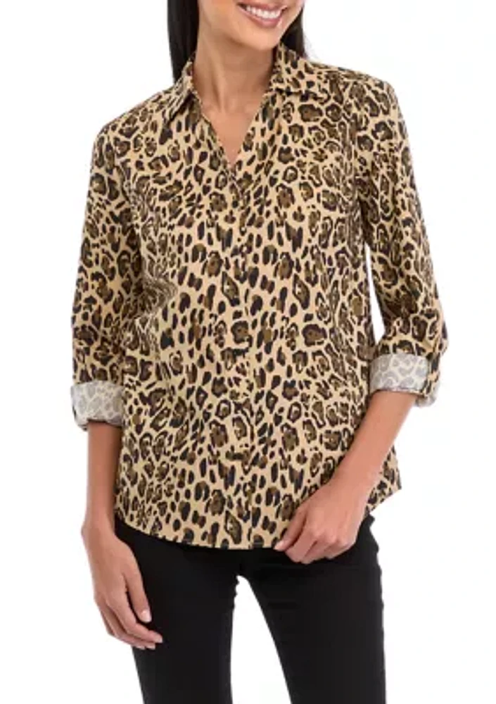 Petite 3/4 Roll Tab Printed Button Up Shirt