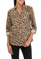 Petite 3/4 Roll Tab Printed Button Up Shirt