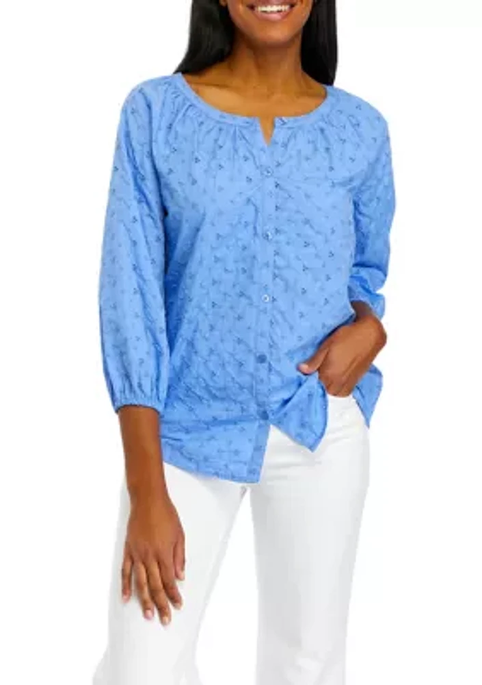 Women's Button Front Eyelet Peasant Top