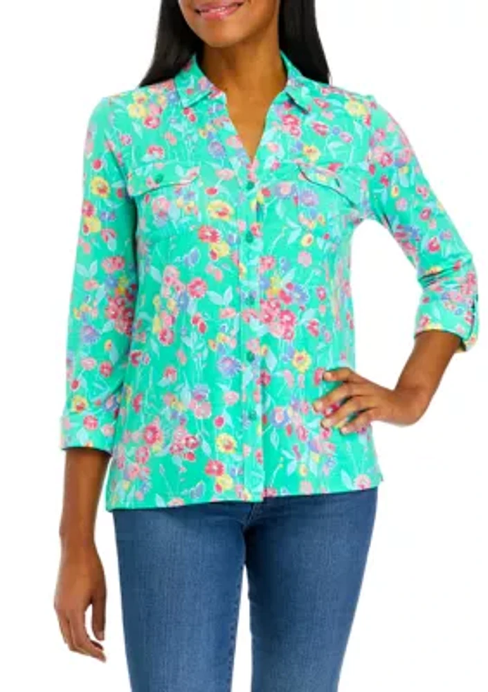 Women's 3/4 Sleeve Button Front Utility Shirt