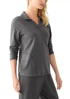 Petite Long Sleeve Polo Collar V-Neck Seamed Top