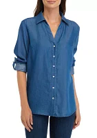 Women's Y-Neck Button Down Chambray Top