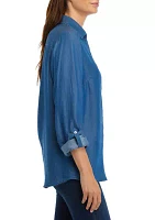 Women's Y-Neck Button Down Chambray Top