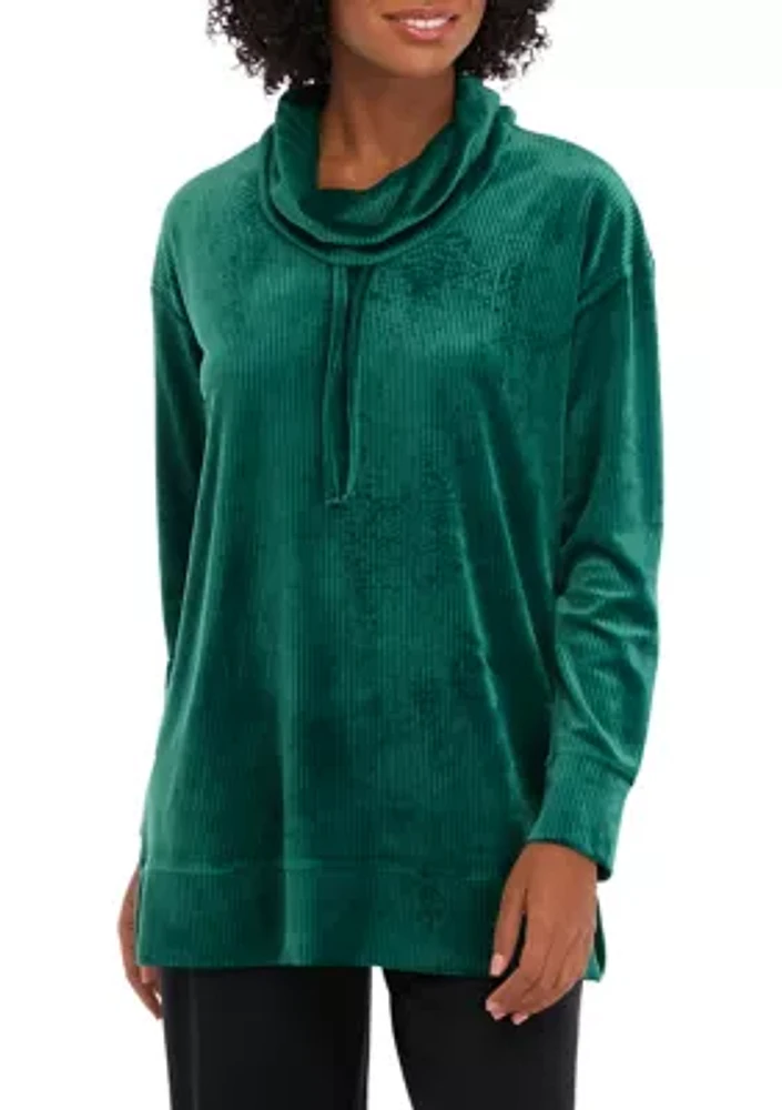 Petite Long Sleeve Rib Velour Cowl Neck Tunic Top