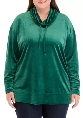 Plus Velour Rib Cowl Neck Tunic Sweatshirt