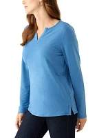 Petite Long Sleeve Split Neck Tunic Top