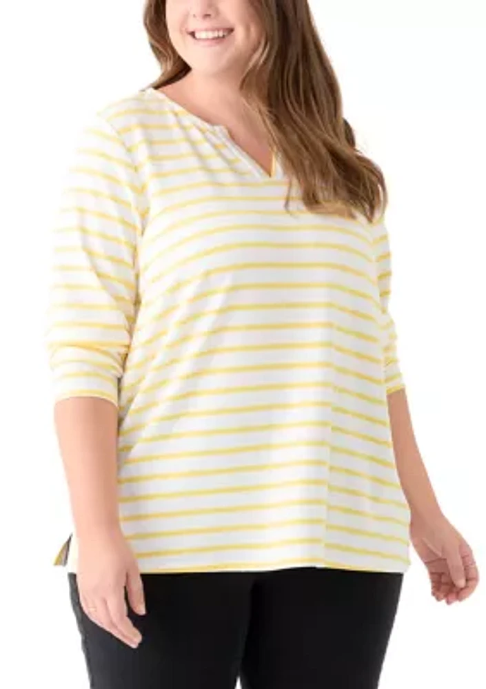 Plus Long Sleeve Split Neck Terry Stripe Top