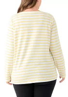 Plus Long Sleeve Split Neck Terry Stripe Top