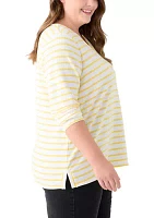 Plus Long Sleeve Split Neck Terry Stripe Top