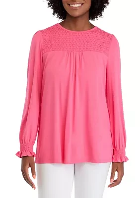 Women's Long Sleeve Top with Smocking at Yoke