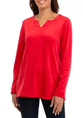 Petite Long Sleeve Velour Split Neck Tunic Top