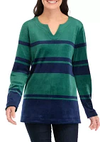 Women's Long Sleeve Velour Notch Striped Tunic Top