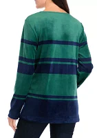 Women's Long Sleeve Velour Notch Striped Tunic Top