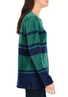 Women's Long Sleeve Velour Notch Striped Tunic Top