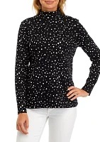 Petite Long Sleeve Mock Neck Polka Dot T-Shirt