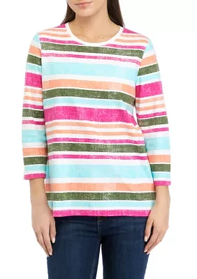 Petite 3/4 Sleeve Crew Neck Stripe Top