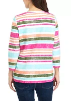 Petite 3/4 Sleeve Crew Neck Stripe Top