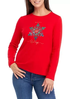 Petite Long Sleeve Crew Neck Holiday Graphic T-Shirt