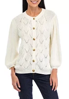 Petite Puff Sleeve Button Front Cable Knit Cardigan