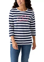 Petite 3/4 Sleeve Striped Graphic T-Shirt