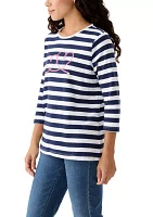 Petite 3/4 Sleeve Striped Graphic T-Shirt