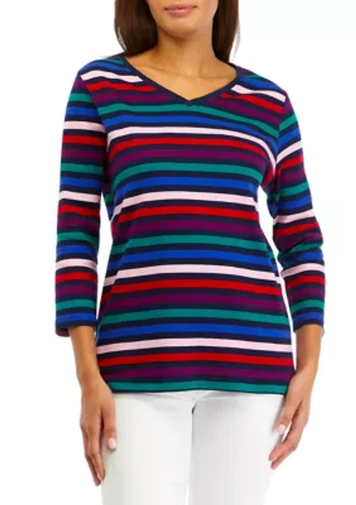 Women's 3/4 Sleeve V-Neck Striped T-Shirt