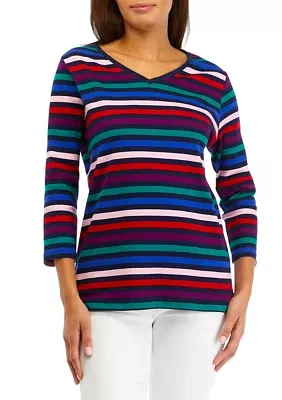 Women's 3/4 Sleeve V-Neck Striped T-Shirt