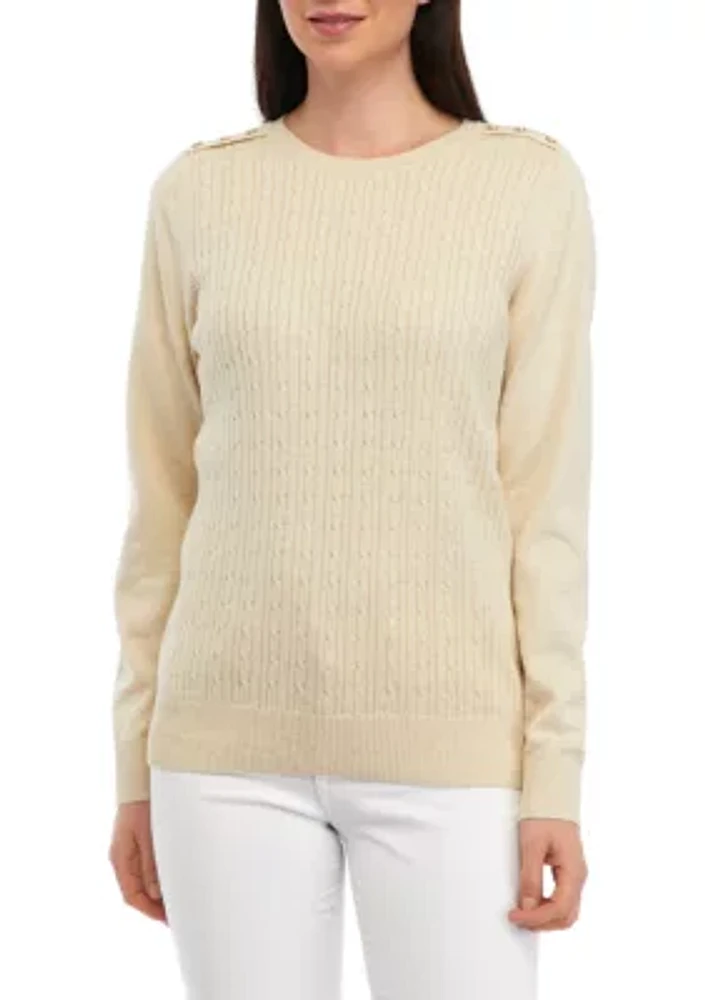 Women's Long Sleeve Cable Crew Neck Button Sweater