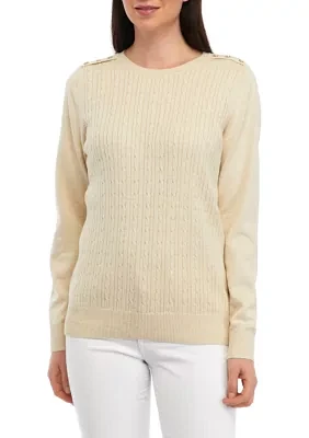 Women's Long Sleeve Cable Crew Neck Button Sweater