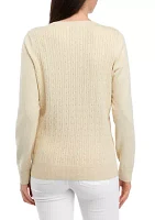 Women's Long Sleeve Cable Crew Neck Button Sweater